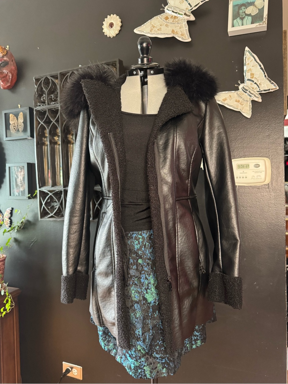 Black Faux Shearling Hooded Coat - Women's Jacket